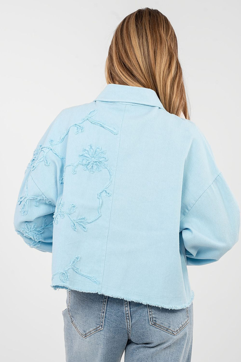 Jeansjacke Damen Kurz Fransen - Bestickte Blumen Baumwolle
