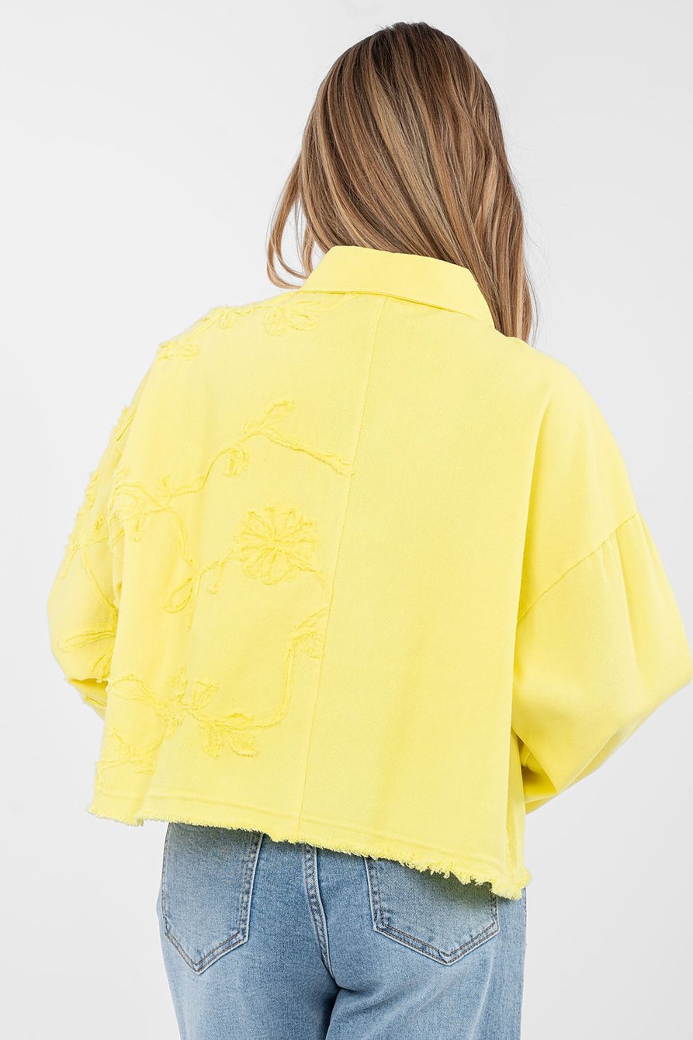 Jeansjacke Damen Kurz Fransen - Bestickte Blumen Baumwolle
