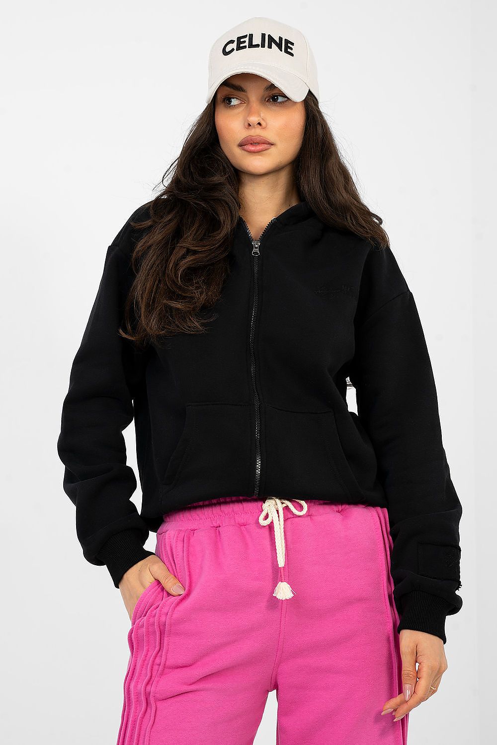 Hoodie Damen Reißverschluss Stickerei Baumwolle