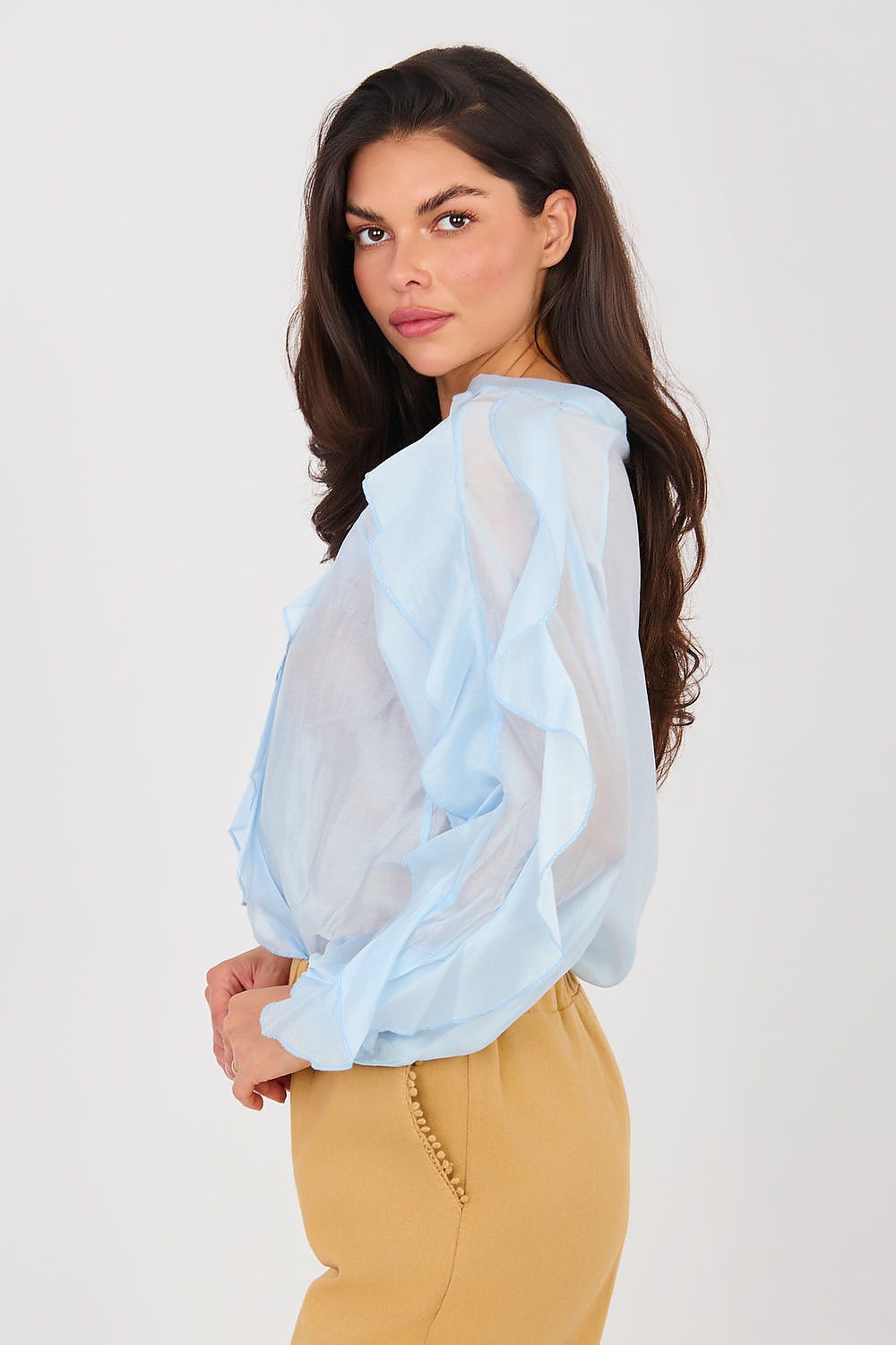 Hemd Damen Kragenlos Puffärmel Tencel – Elegant & Feminin