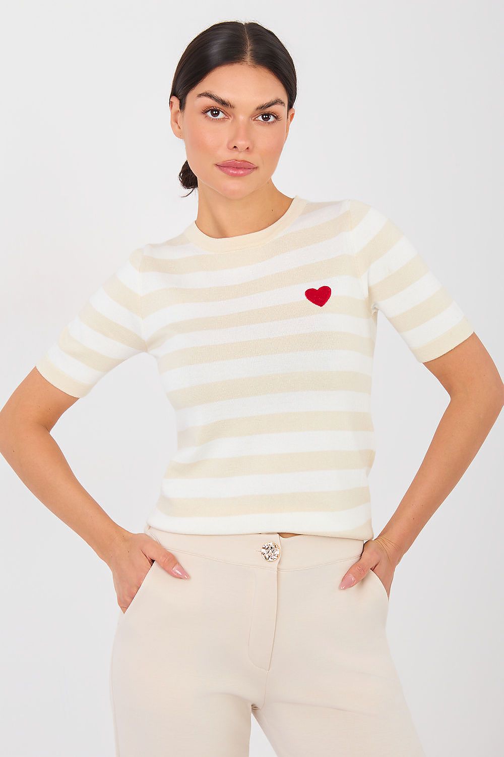 Kurzarm Pullover Damen Gestreift mit Herz-Stickerei – Sommerlich & Süß
