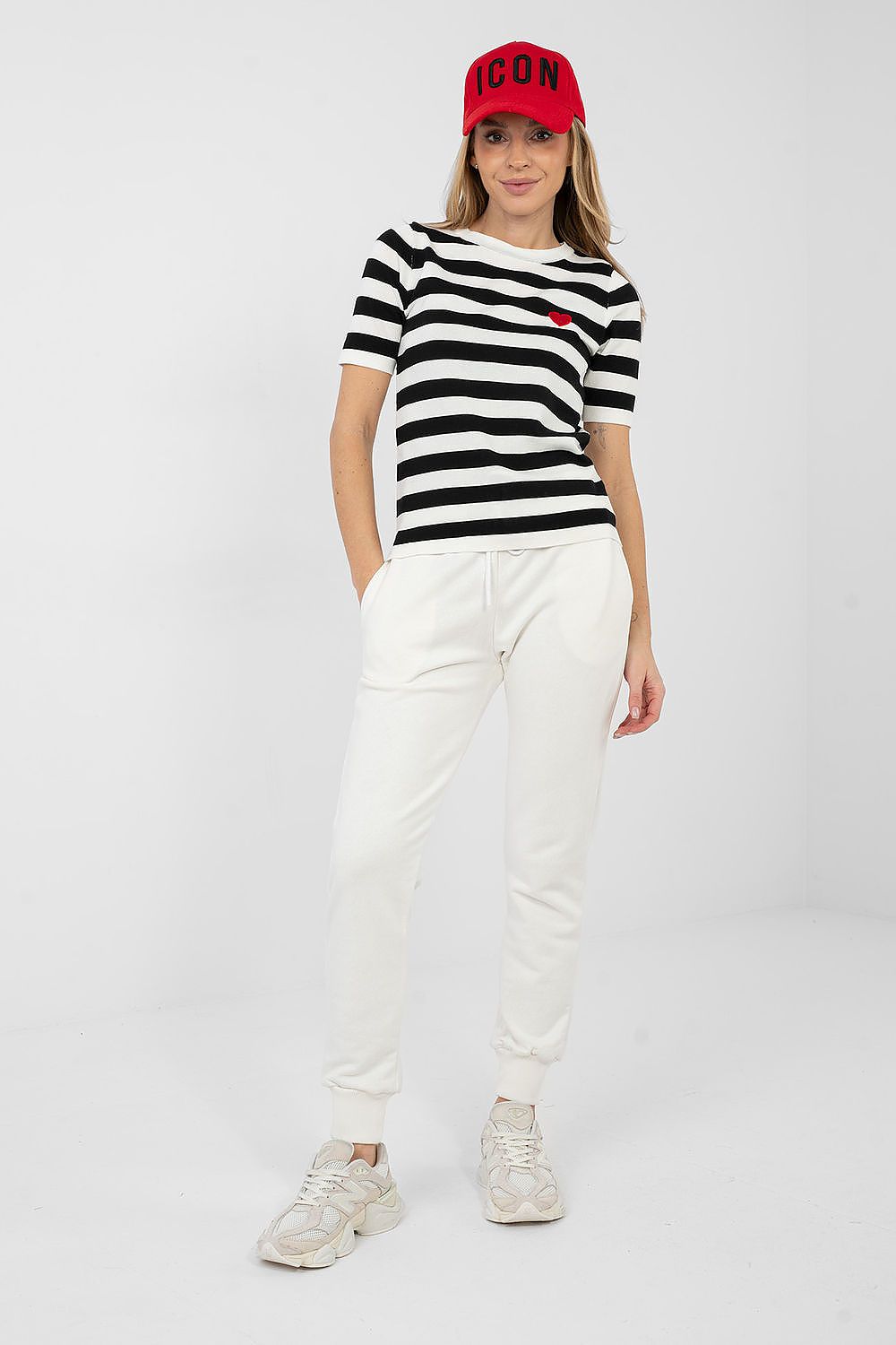 Kurzarm Pullover Damen Gestreift mit Herz-Stickerei – Sommerlich & Süß