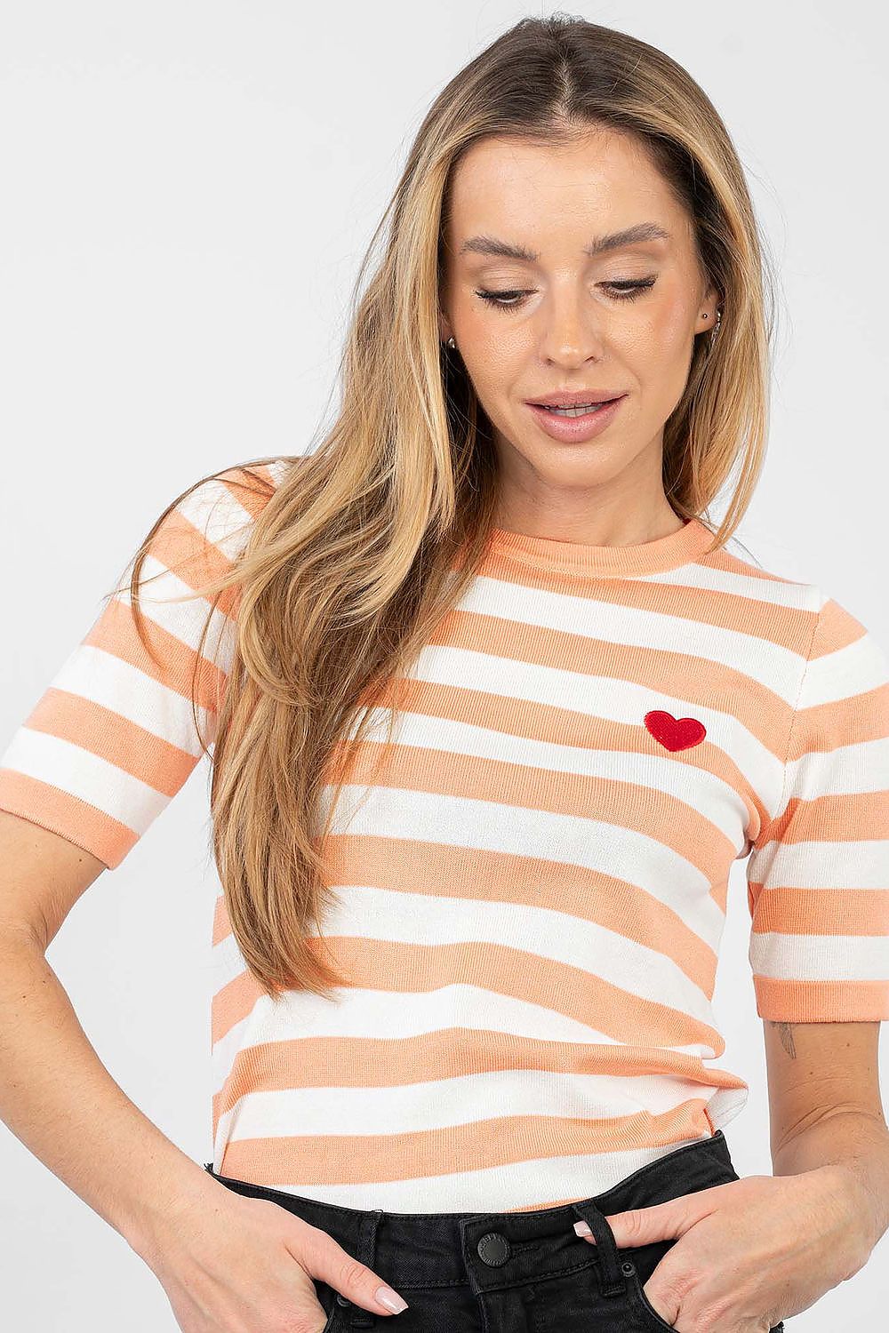 Kurzarm Pullover Damen Gestreift mit Herz-Stickerei – Sommerlich & Süß