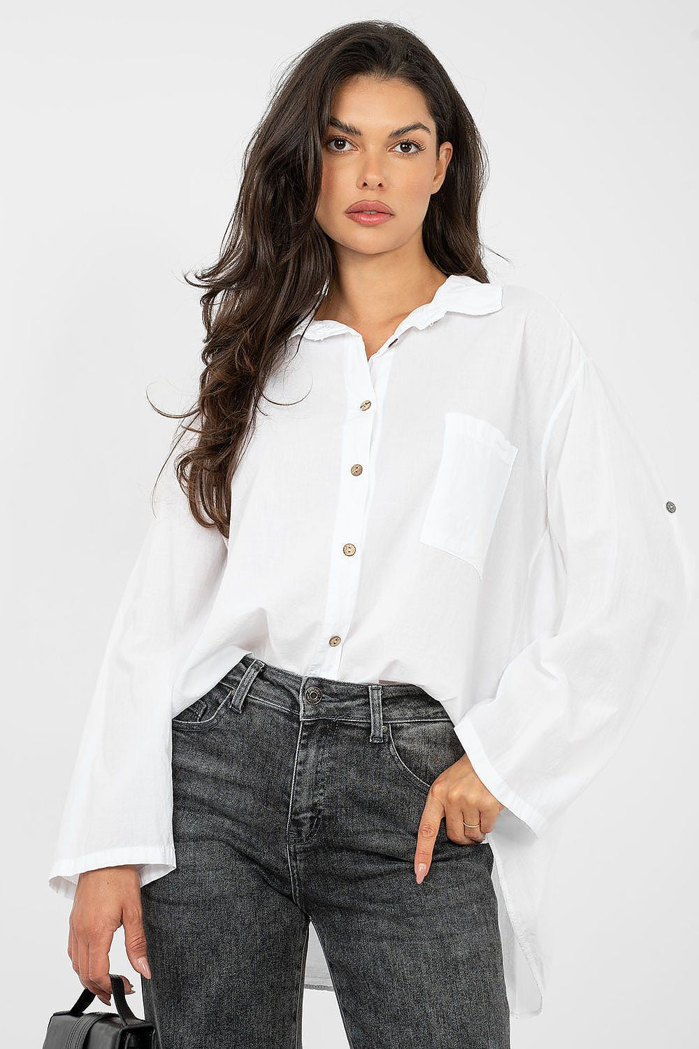 Bluse Damen Langarm Baumwolle - Casual Hemdbluse Brusttasche