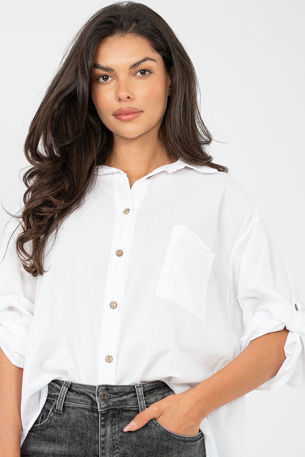 Bluse Damen Langarm Baumwolle - Casual Hemdbluse Brusttasche