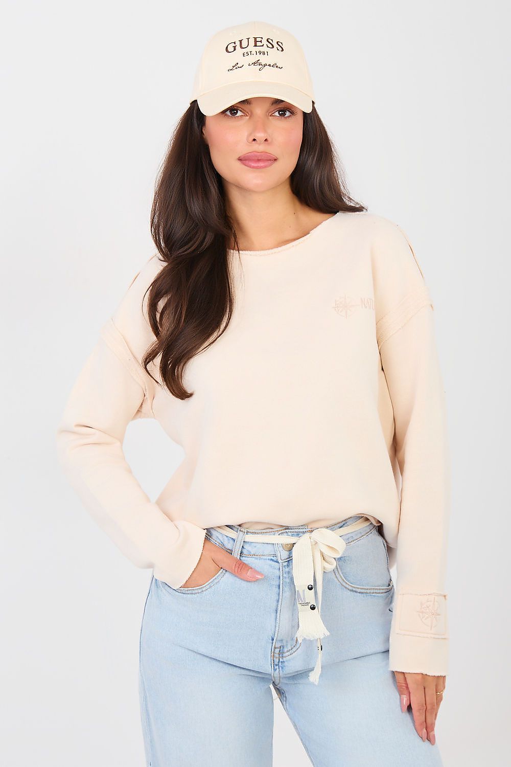 Pullover Damen Cropped Stickerei Baumwolle Elasthan