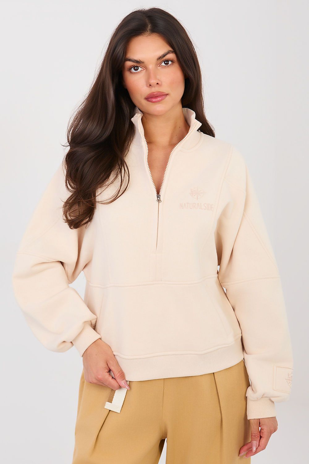 Sweatshirt Damen Stehkragen Halbreißverschluss Baumwolle