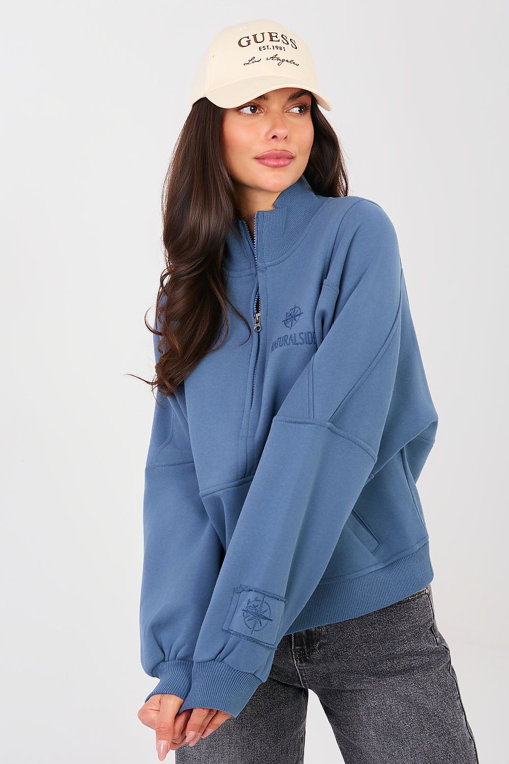 Sweatshirt Damen Stehkragen Halbreißverschluss Baumwolle