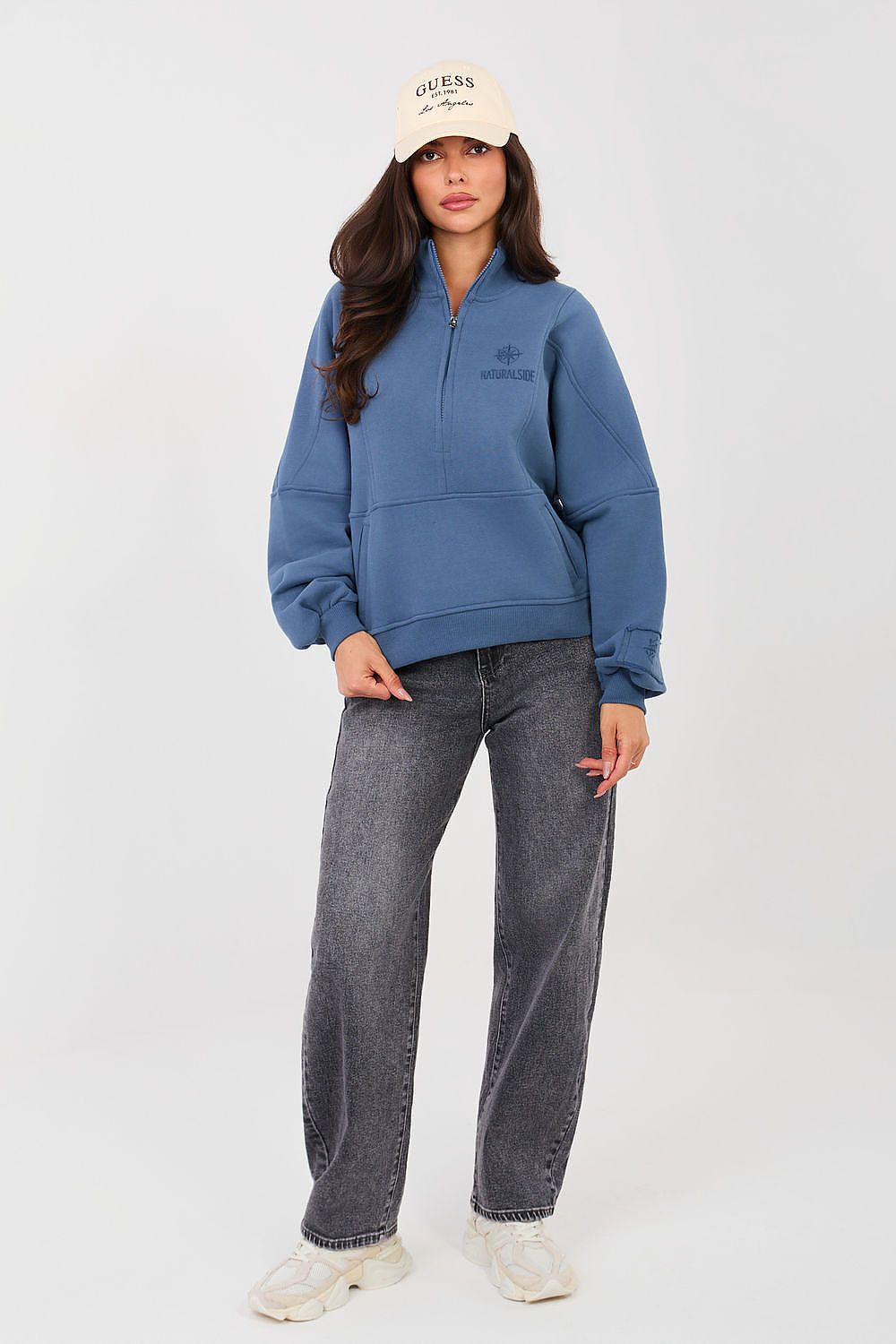 Sweatshirt Damen Stehkragen Halbreißverschluss Baumwolle