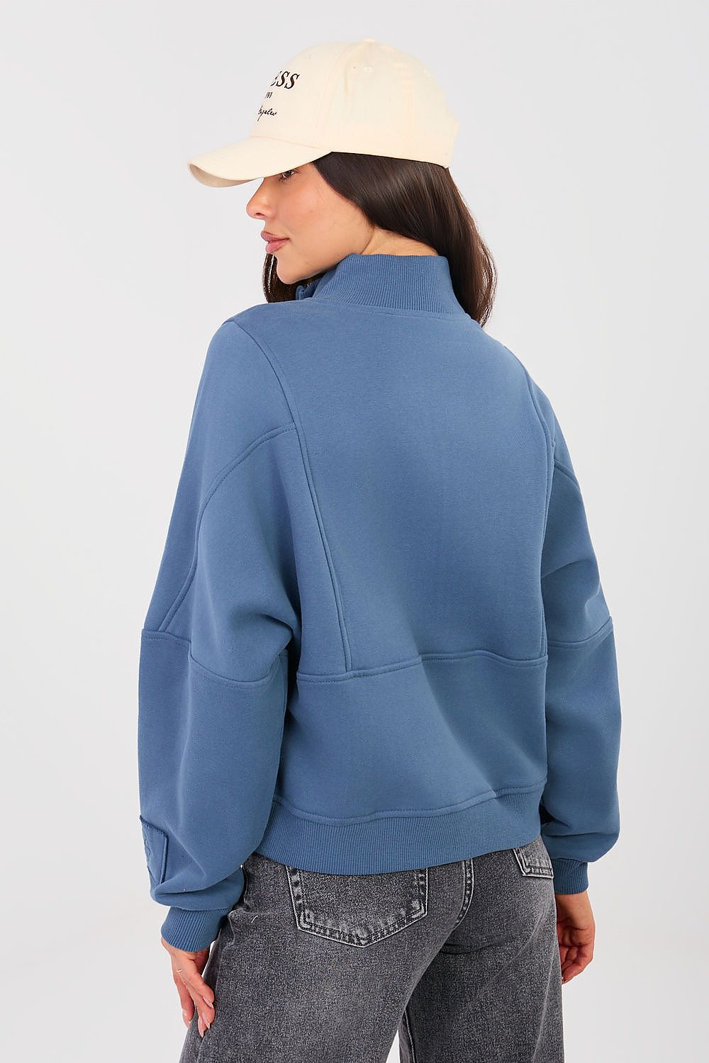 Sweatshirt Damen Stehkragen Halbreißverschluss Baumwolle