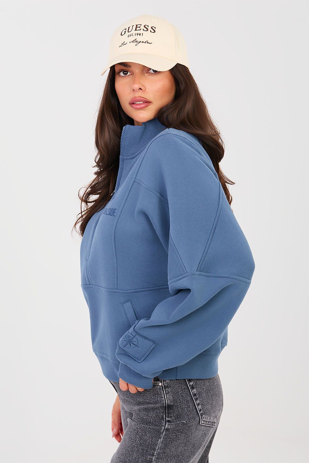 Sweatshirt Damen Stehkragen Halbreißverschluss Baumwolle