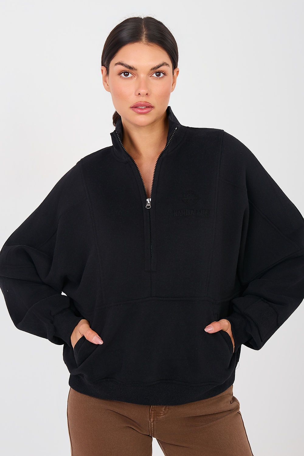 Sweatshirt Damen Stehkragen Halbreißverschluss Baumwolle