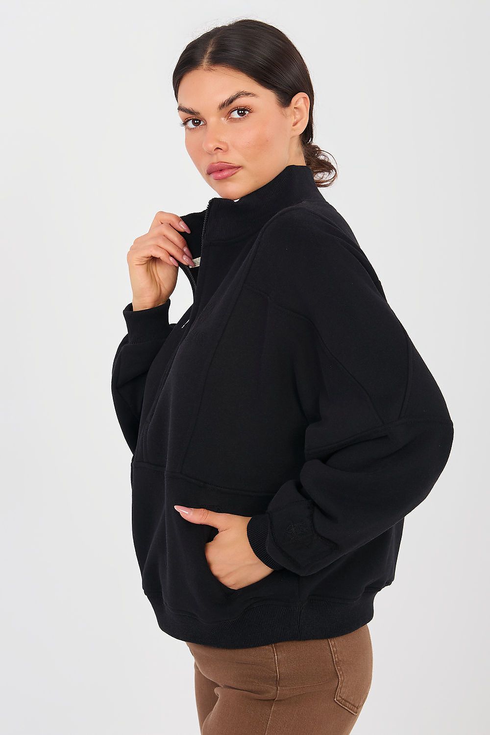 Sweatshirt Damen Stehkragen Halbreißverschluss Baumwolle