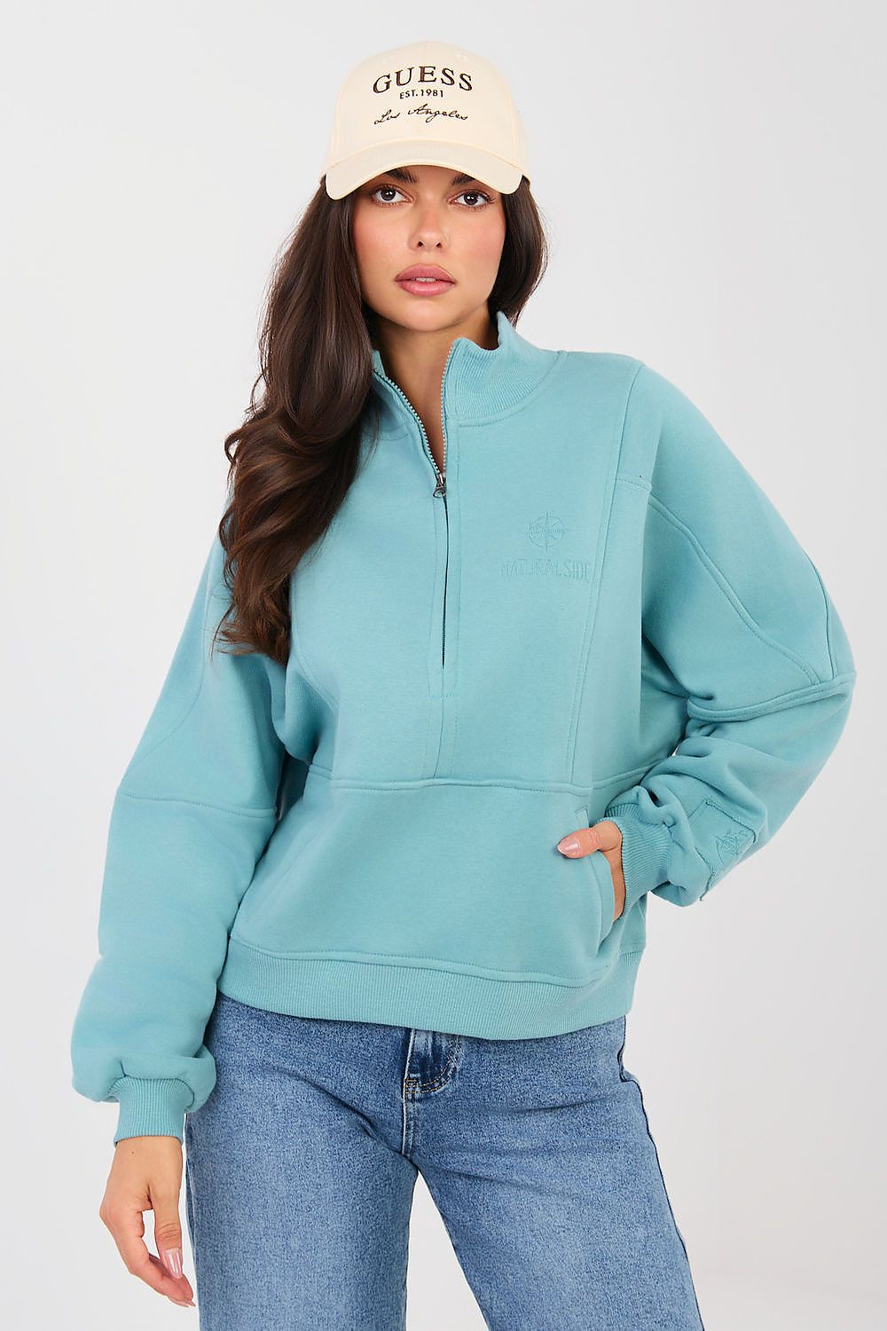 Sweatshirt Damen Stehkragen Halbreißverschluss Baumwolle