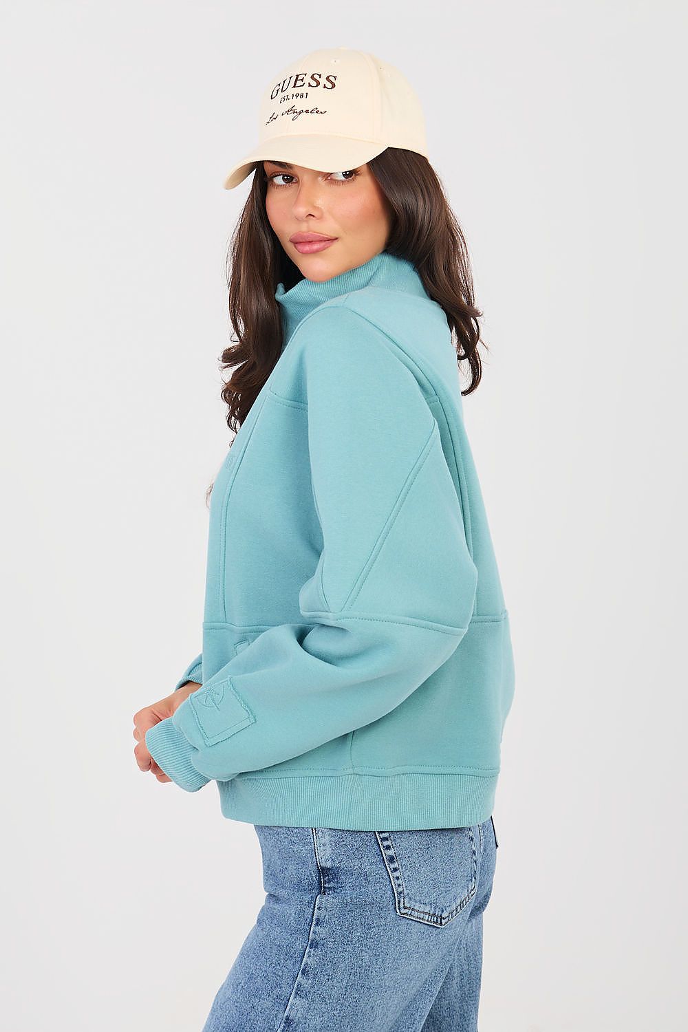 Sweatshirt Damen Stehkragen Halbreißverschluss Baumwolle