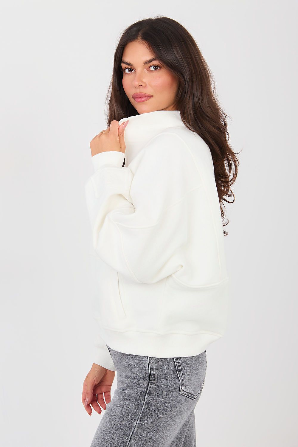 Sweatshirt Damen Stehkragen Halbreißverschluss Baumwolle
