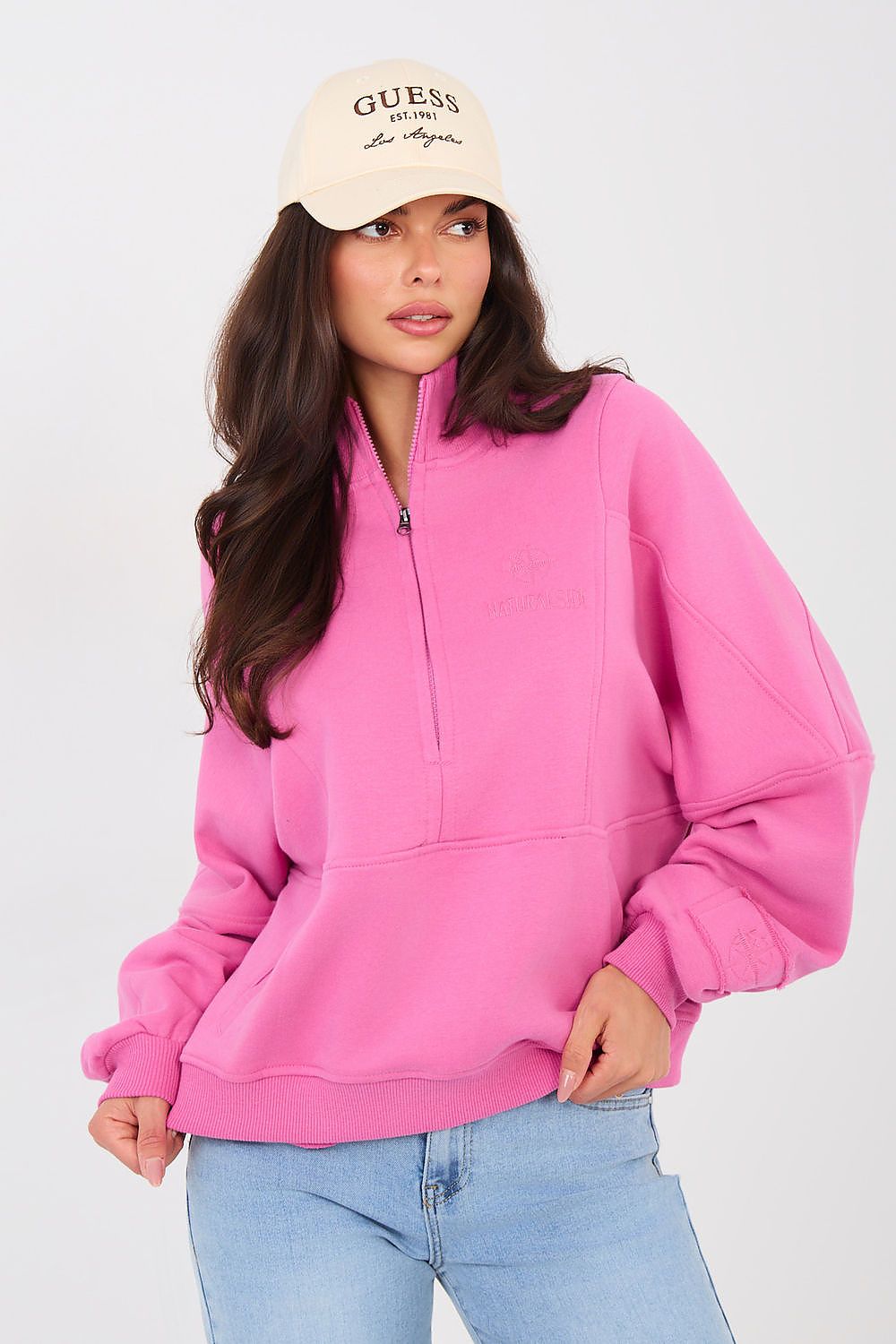 Sweatshirt Damen Stehkragen Halbreißverschluss Baumwolle
