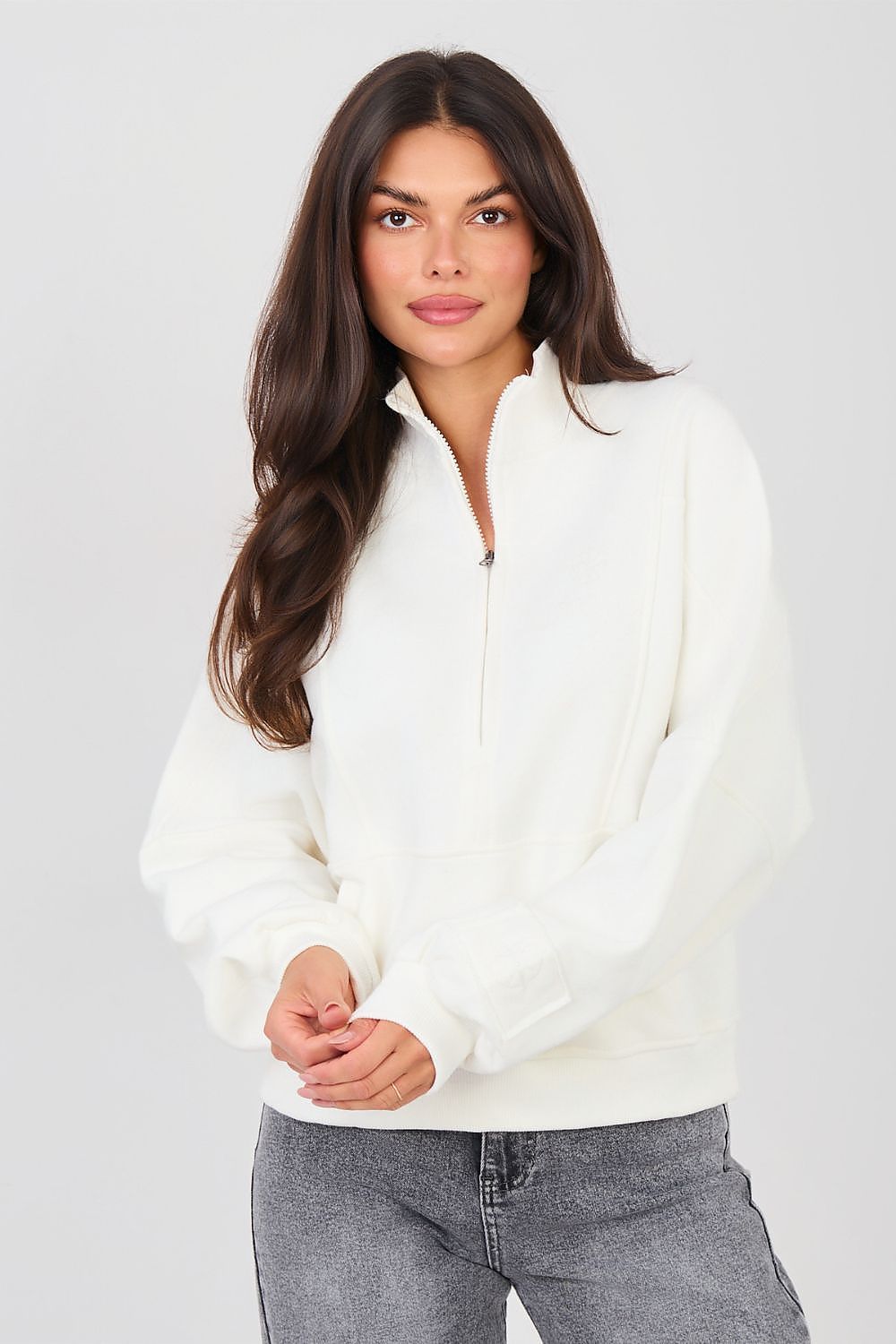 Sweatshirt Damen Stehkragen Halbreißverschluss Baumwolle