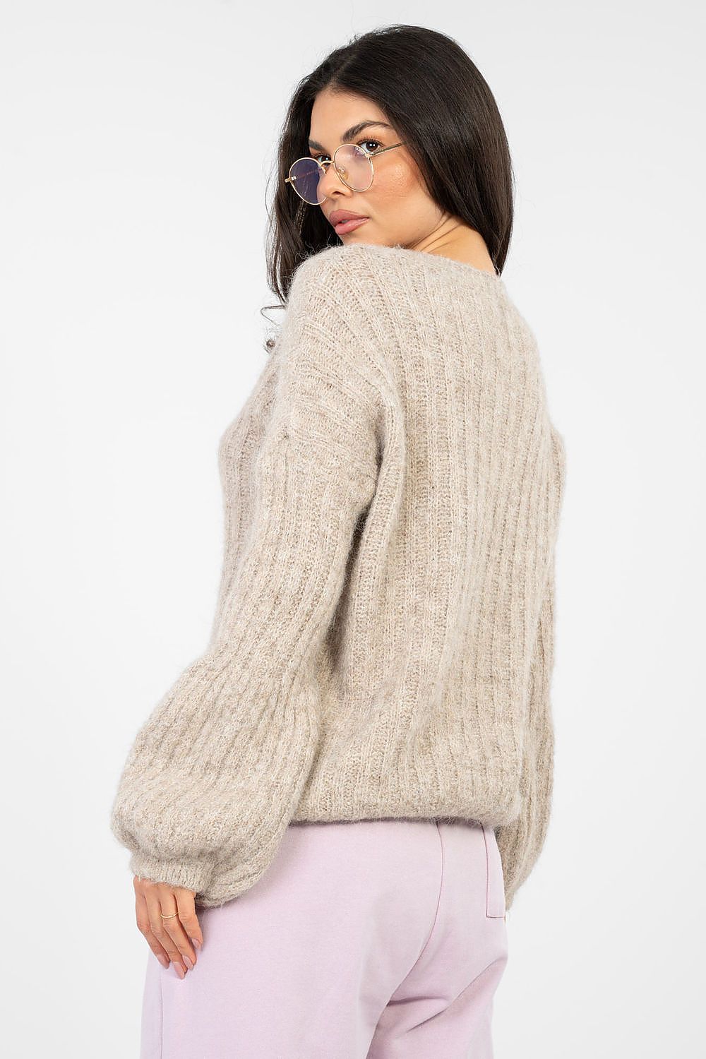 Pullover Damen Puffärmel Gerippt - Eleganter Strickpullover Alltag
