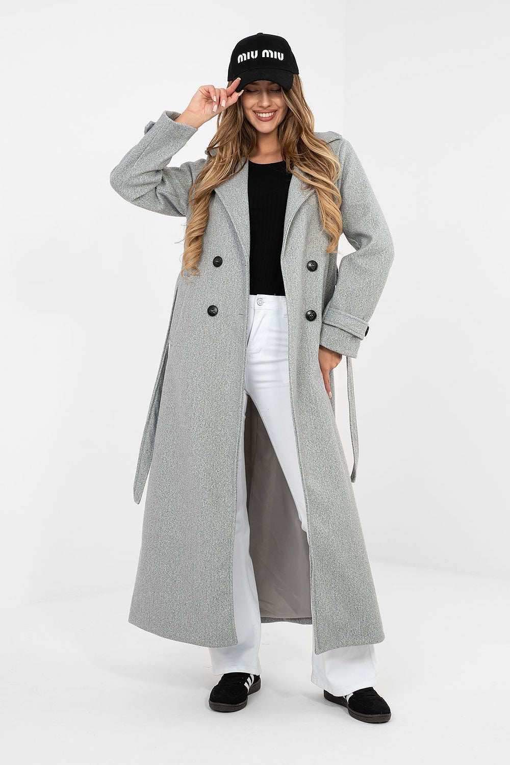 Damen Mantel Lang Elegant Zweireihig mit Gürtel