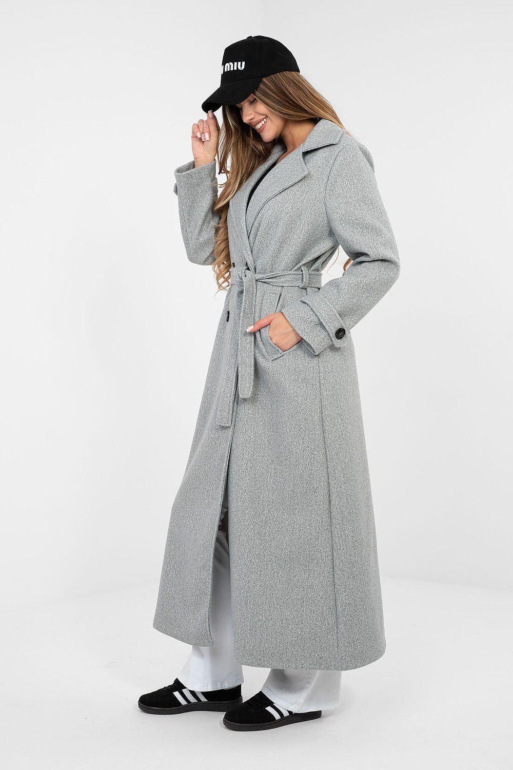 Damen Mantel Lang Elegant Zweireihig mit Gürtel