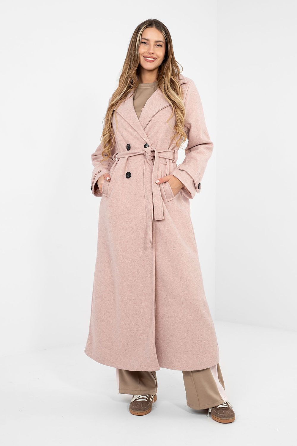 Damen Mantel Lang Elegant Zweireihig mit Gürtel