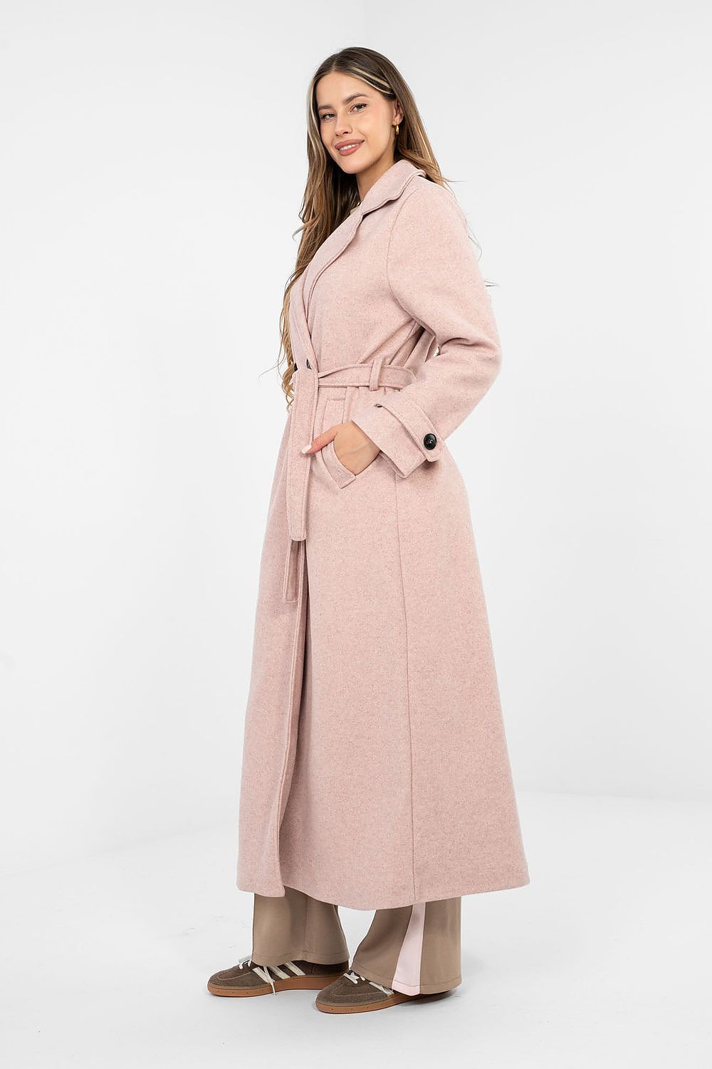 Damen Mantel Lang Elegant Zweireihig mit Gürtel