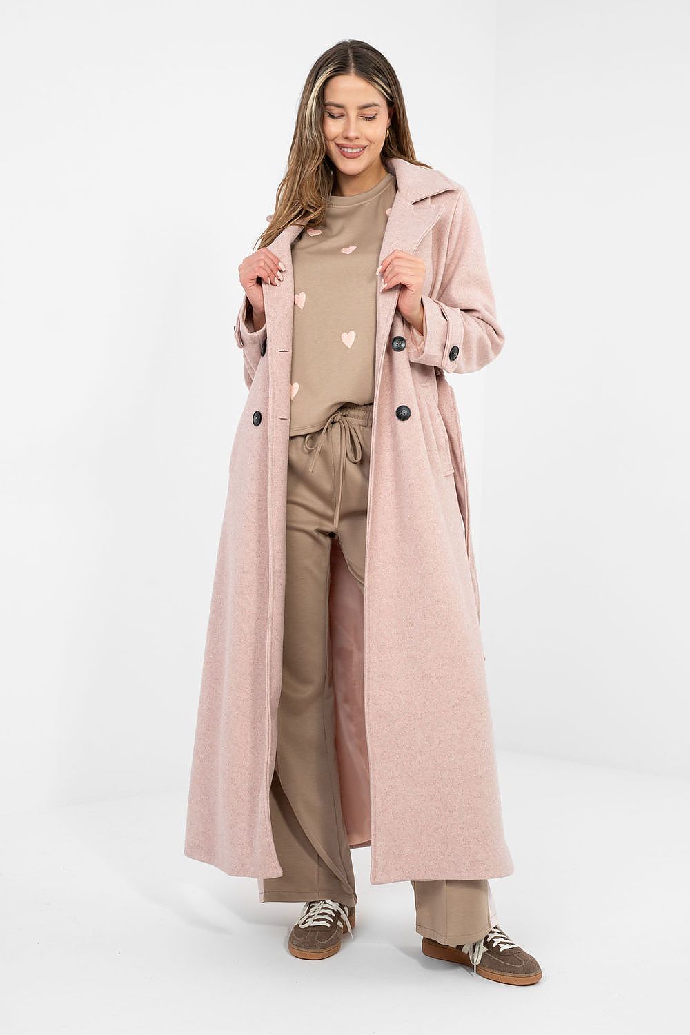 Damen Mantel Lang Elegant Zweireihig mit Gürtel