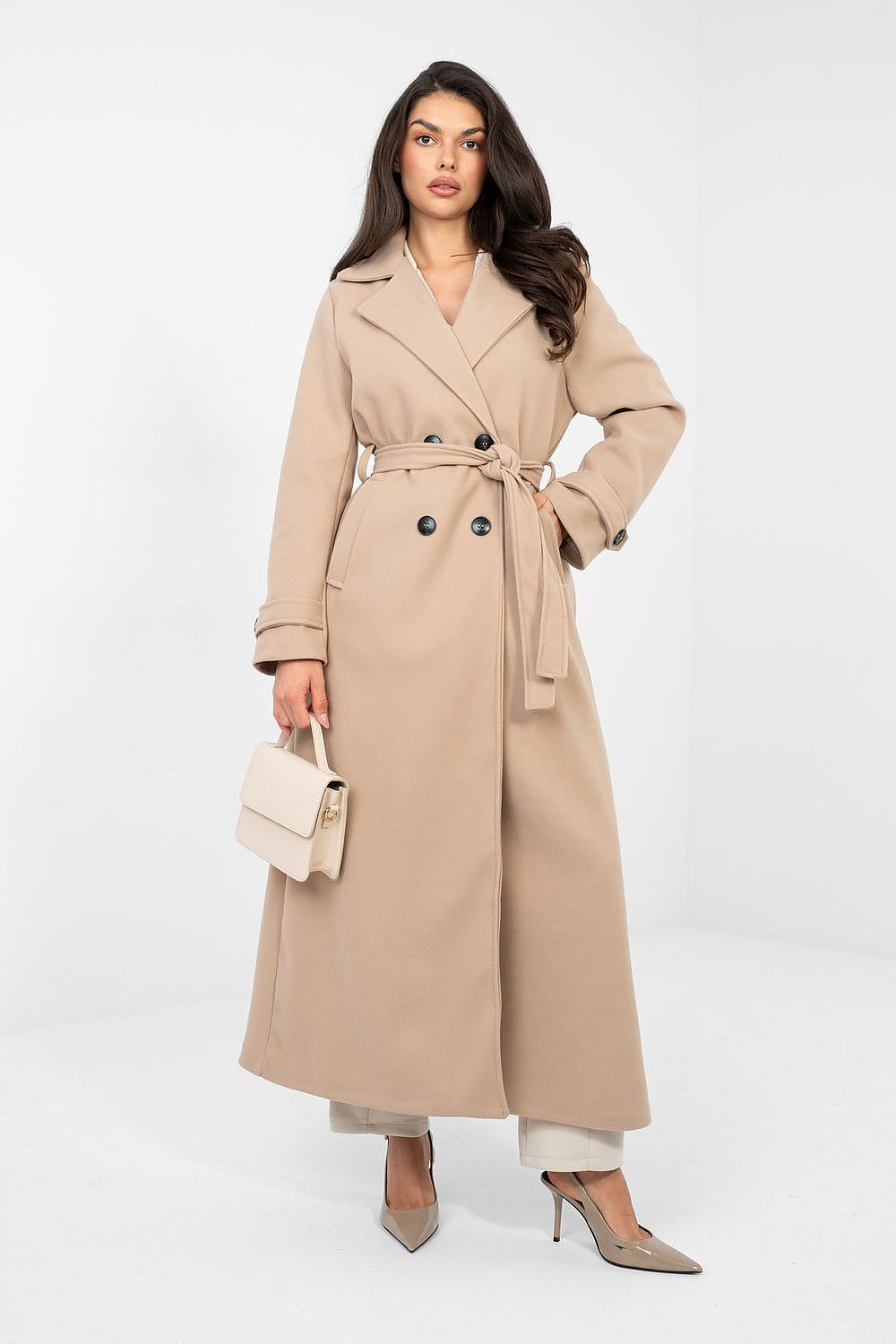 Damen Mantel Lang Elegant Zweireihig mit Gürtel