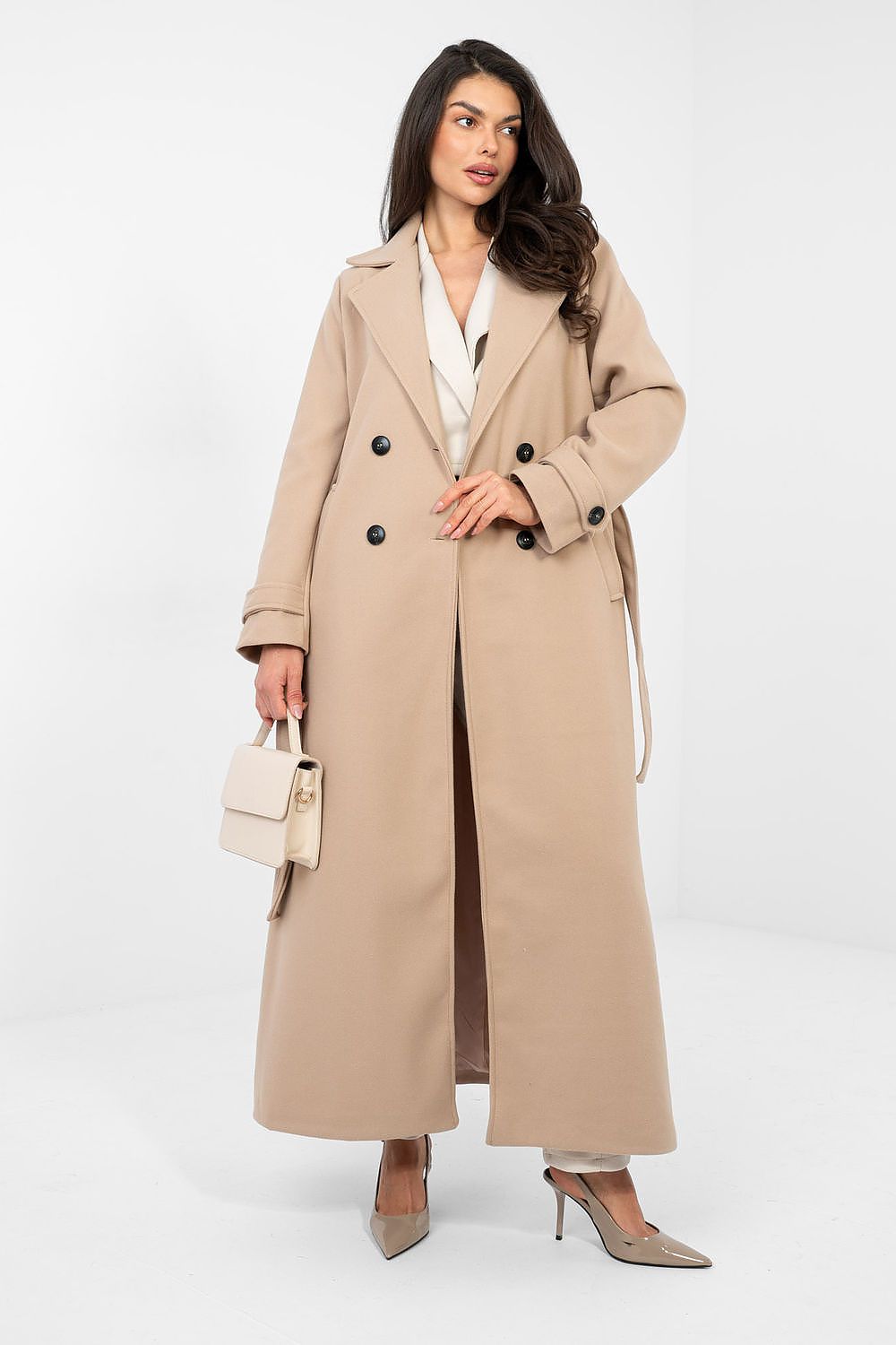 Damen Mantel Lang Elegant Zweireihig mit Gürtel