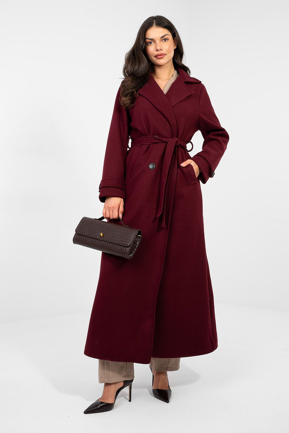 Damen Mantel Lang Elegant Zweireihig mit Gürtel