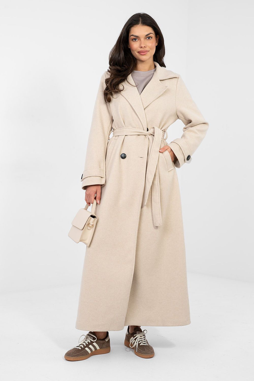 Damen Mantel Lang Elegant Zweireihig mit Gürtel