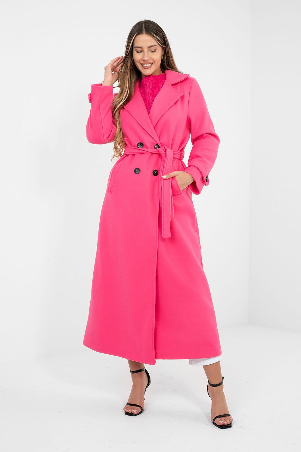 Damen Mantel Lang Elegant Zweireihig mit Gürtel