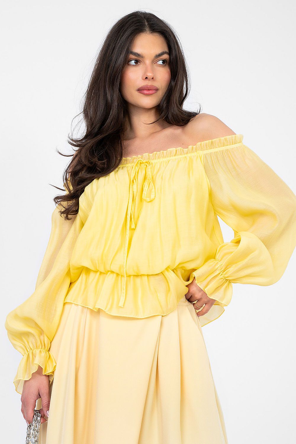 Damen Boho Bluse Carmen-Ausschnitt - Elegante Bluse Rüschen Langarm