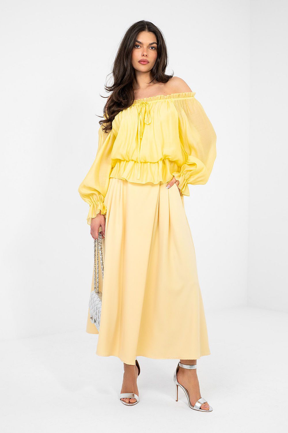 Damen Boho Bluse Carmen-Ausschnitt - Elegante Bluse Rüschen Langarm