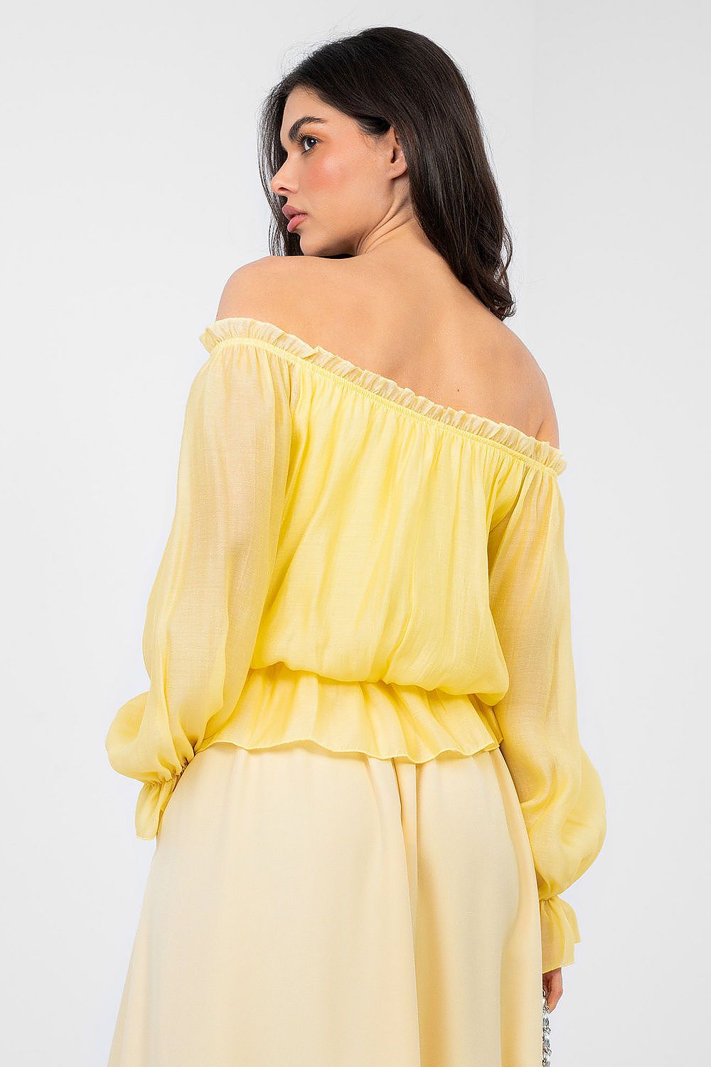 Damen Boho Bluse Carmen-Ausschnitt - Elegante Bluse Rüschen Langarm