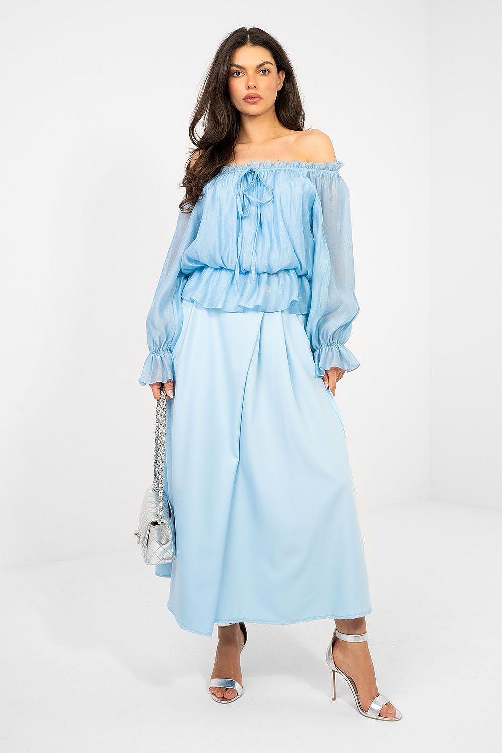 Damen Boho Bluse Carmen-Ausschnitt - Elegante Bluse Rüschen Langarm