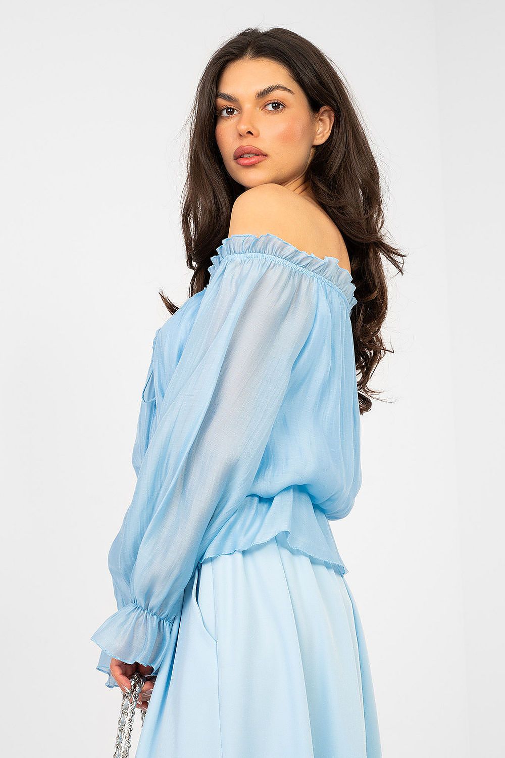 Damen Boho Bluse Carmen-Ausschnitt - Elegante Bluse Rüschen Langarm