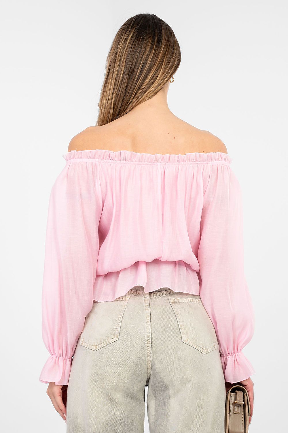 Damen Boho Bluse Carmen-Ausschnitt - Elegante Bluse Rüschen Langarm