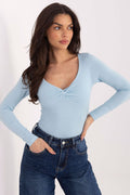 Damen Langarmshirt Baumwolle V-Ausschnitt - Basic Top mit Schleife