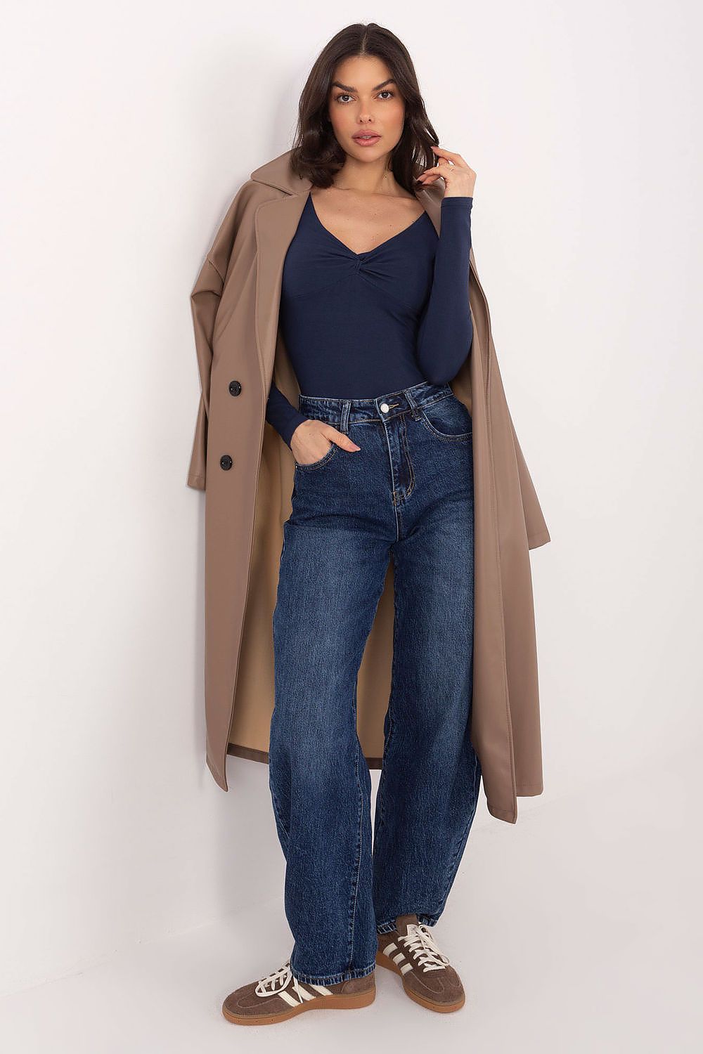 Damen Langarmshirt Baumwolle V-Ausschnitt - Basic Top mit Schleife