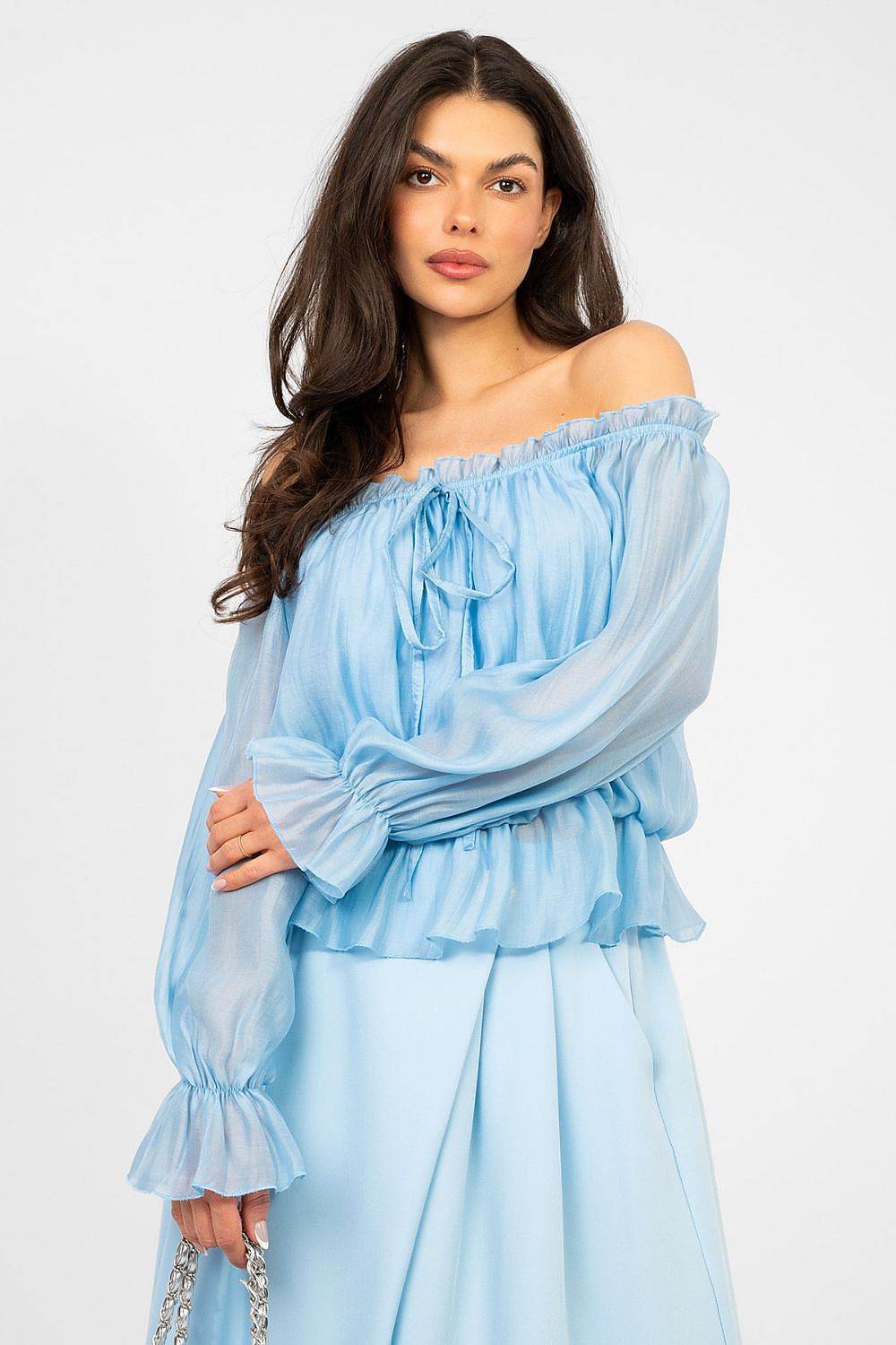 Damen Boho Bluse Carmen-Ausschnitt - Elegante Bluse Rüschen Langarm