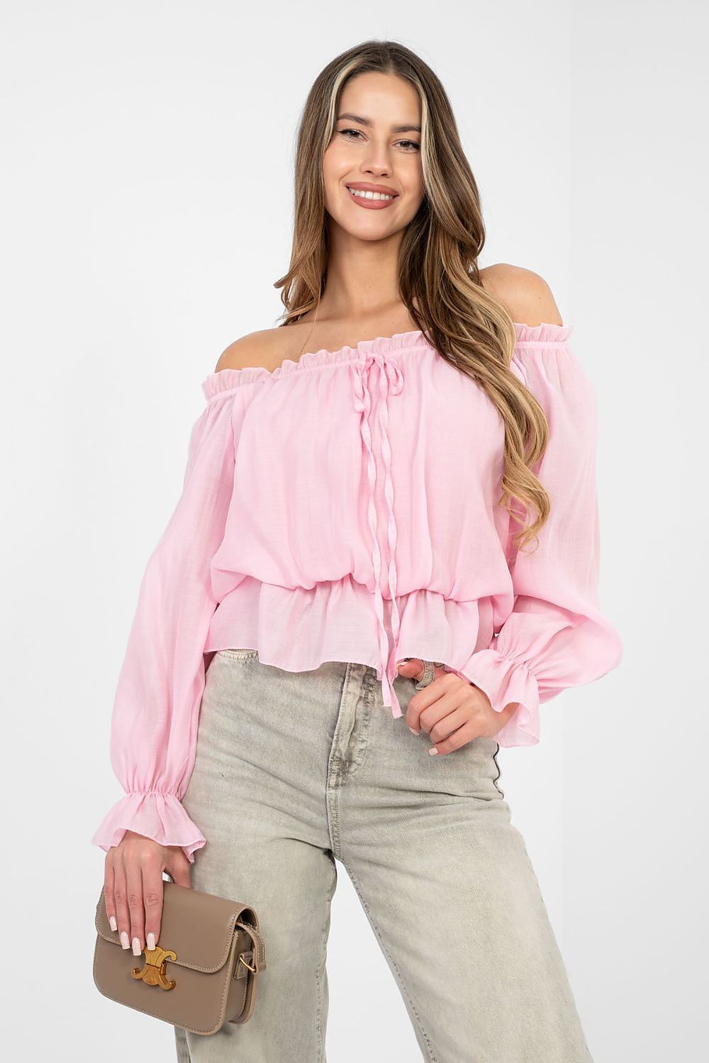 Damen Boho Bluse Carmen-Ausschnitt - Elegante Bluse Rüschen Langarm