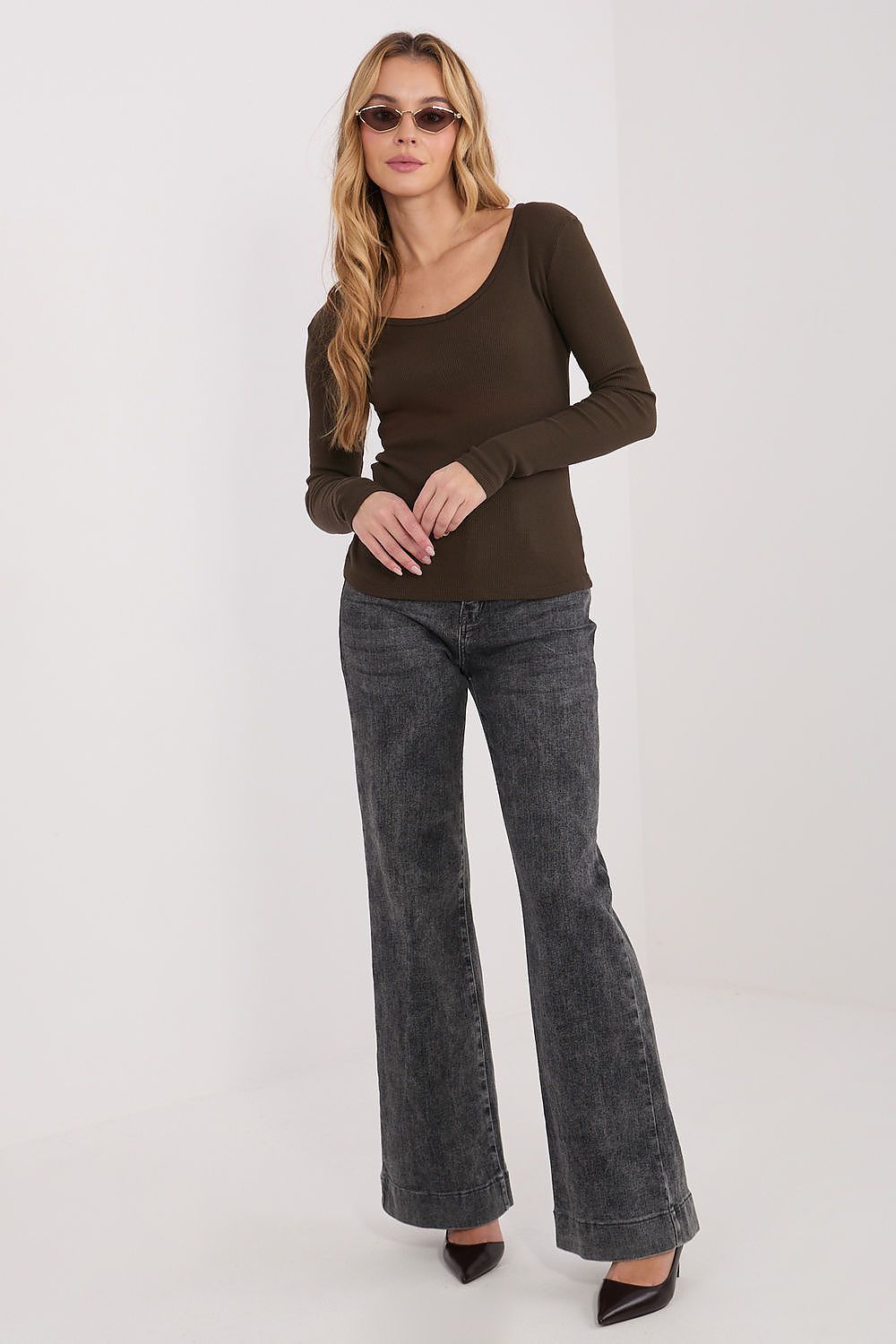 Damen Langarmshirt Baumwolle Gerippt - V-Ausschnitt Shirt Langarm