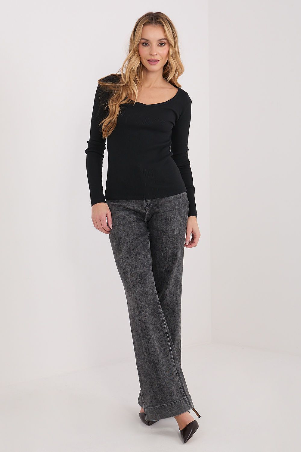 Damen Langarmshirt Baumwolle Gerippt - V-Ausschnitt Shirt Langarm