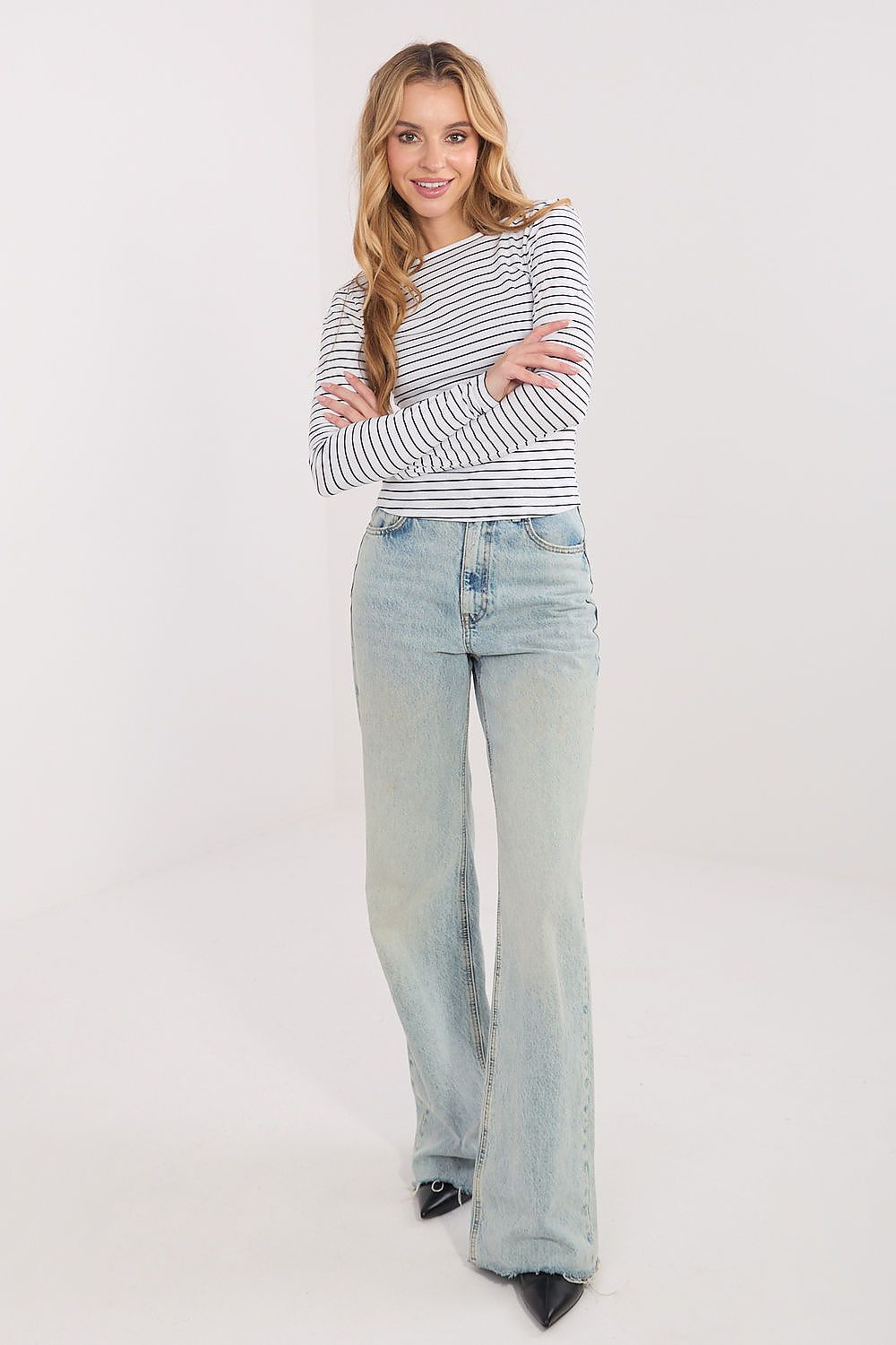Crop Top Damen Langarm Gestreift - Lässiges Shirt Boot-Ausschnitt