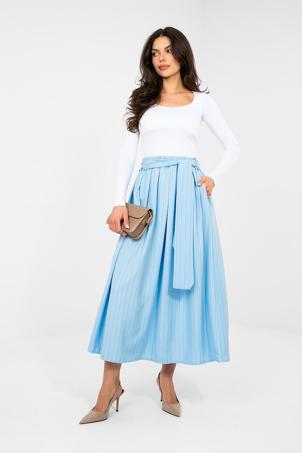 Midi-Rock Damen – Ausgestellter Streifenrock mit Hoher Taille
