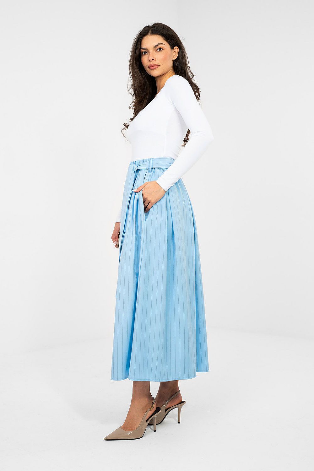 Midi-Rock Damen – Ausgestellter Streifenrock mit Hoher Taille