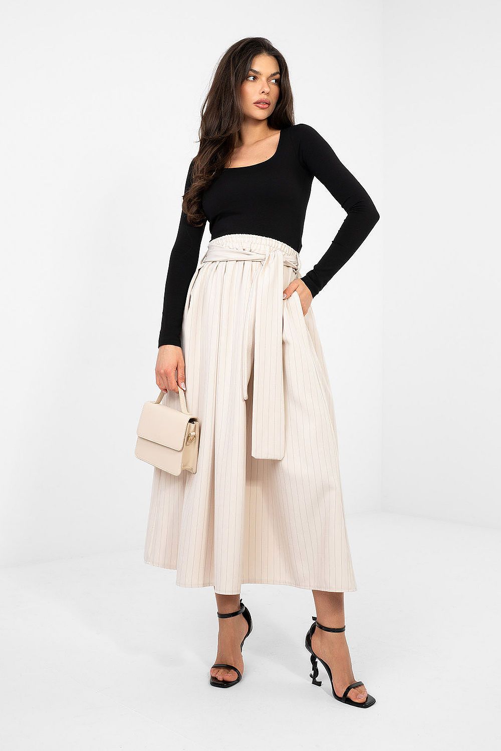 Midi-Rock Damen – Ausgestellter Streifenrock mit Hoher Taille
