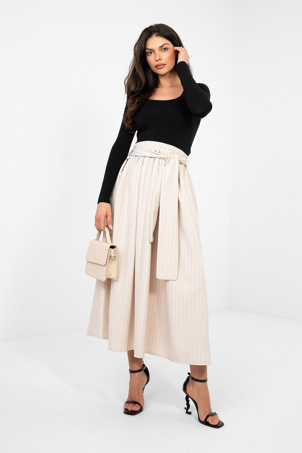 Midi-Rock Damen – Ausgestellter Streifenrock mit Hoher Taille